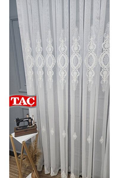 Taç Embroidered Court Damask Living Room Model Style Design Ultra Exclusive 3 Layer Pleated Tulle Curtain