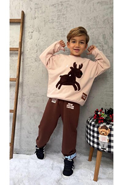 Magu Unisex Children's Cotton Beige Deer Applique Sweatshirt & Brown Tracksuit Set – New Year's Special