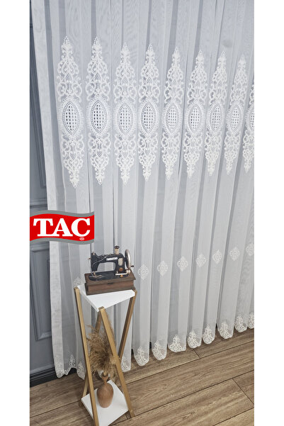 Taç Embroidered Court Damask Living Room Model Style Design Force Exculusive 3 Layer Pleated Tulle Curtain
