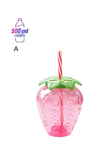 Generic Strawberry Shaped Water Bottle With Lid And Straw Pink/Green