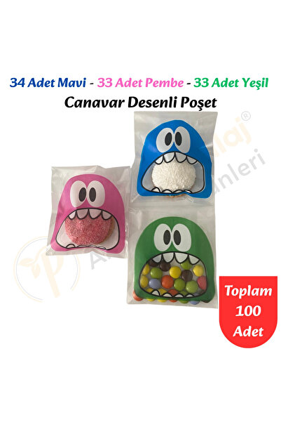 CarpCorn 100 Adet Mavi-Pembe-Yeşil Renkli Canavar Desenli Cake Pop & Kurabiye...