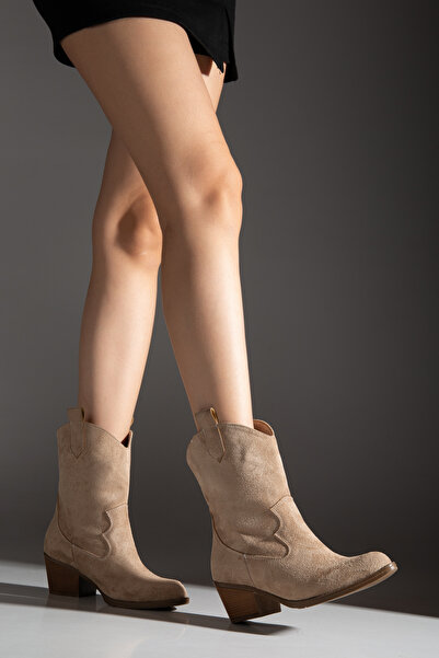 guijarro Hakiki Süet Görünümlü Vizon Kovboy Bot Western Tarzı Kısa Topuklu Giy Çık Model Fermuarsız Bot