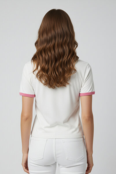 buğrahayalin White Flower Printed Pink Rib Detailed Women's T-Shirt