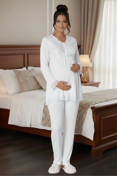 Lohusa Homewear طقم بيجامة للحوامل بتصميم أنيق بأكمام طويلة وتفاصيل من الدانت...