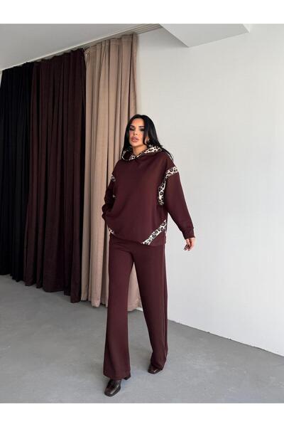 Bak'ap Premium Leopard Print Detailed Wide Leg Pants-Sweatshirt Tracksuit Set