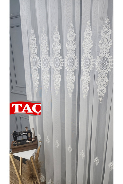 Taç Embroidered Court Damask Living Room Model Style Design Maxima Exculusive 3 Layer Pleated Tulle Curtain