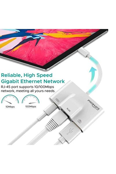Promate GigaLink-I 3-in-1 Lightning to Ethernet & USB OTG Adapter (White)