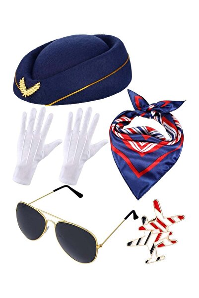 Generic 6-Piece Women's Flight Attendant Costume Accessories Set (Hat, Sunglasses, Scarf, Gloves)