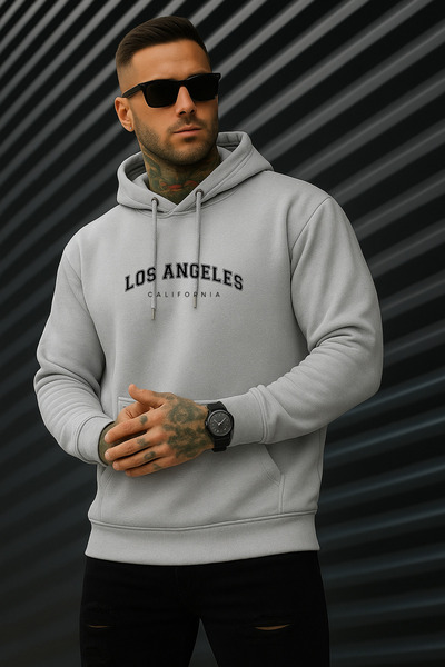 INFLUYENTE سويت شيرت رجالي شتوي من لوس أنجلوس مطبوع مصنوع من القطن عادي بغطاء...