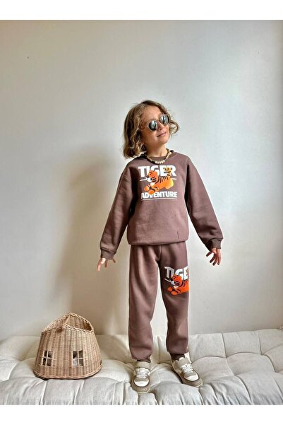 YİGİT BUTİK Tiger Character Printed Boy's Top and Bottom Set
