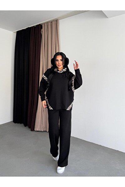 Bak'ap Premium Leopard Print Detailed Wide Leg Pants-Sweatshirt Tracksuit Set