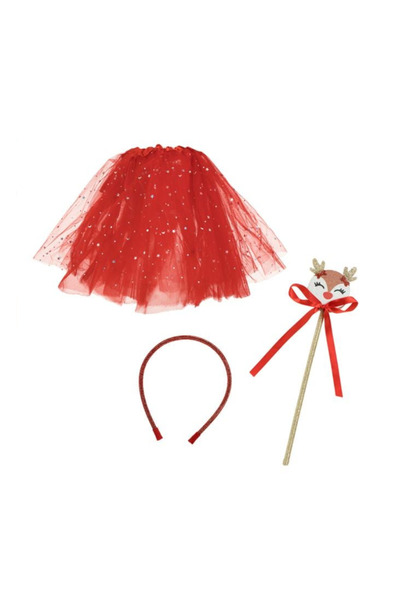 Lumi LUXURY Christmas Set with Red Tulle Skirt, Light, Hair Crown and Reindeer Wand