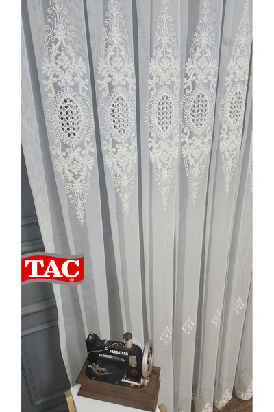 Taç Embroidered Court Damask Living Room Model Style Design Mega Exclusive 3 Layer Pleated Tulle Curtain