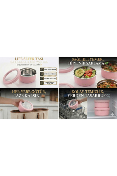 VİP AHMET Life Çelik Sefer Taşı 750 ml - Leakproof Lid Storage Container & Lunch Box (Pink)