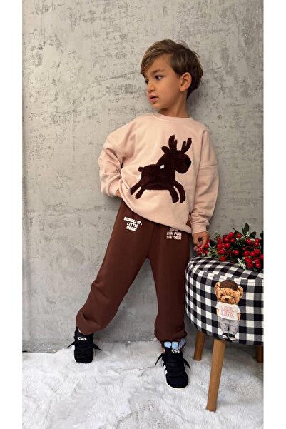Magu Unisex Children's Cotton Beige Deer Applique Sweatshirt & Brown Tracksuit Set – New Year's Special