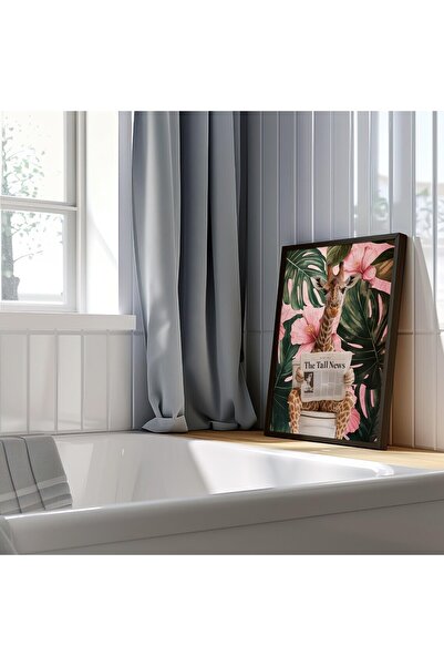 Esci Design Pictură cu girafă pentru baie cu cadru negru - Pictură cu animale de lux - Pictură pentru baie la modă - Artă de perete de lux