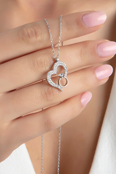 SARIASLAN Rodyumlu 925 Ayar Gümüş Kalp Tek Taş Yüzüklü Gümüş Kolye