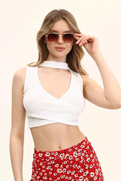 buğrahayalin Women's White Open Front Crop Top