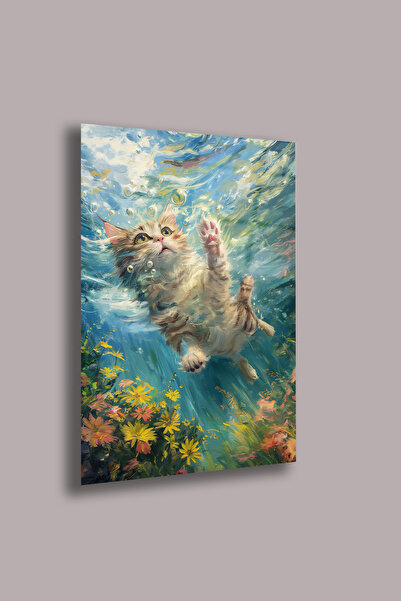 gxe.art Drăguț plutitor sub apă pisică – pictură pe sticlă cu artă pastel