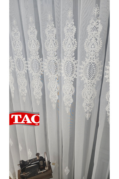 Taç Embroidered Court Damask Living Room Model Style Design Maxima Exculusive 3 Layer Pleated Tulle Curtain