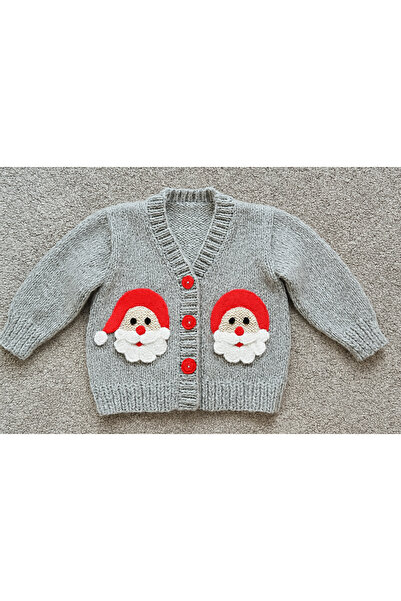 diğerr1 Hand Knitted Gray Christmas Figure Cardigan