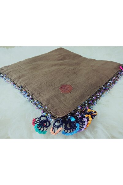 hoaryage 100% Cotton Ezgi Scarf with Floral Pattern Motifs and Beaded Crochet Writing, Kerchief, Mevlit Shawl