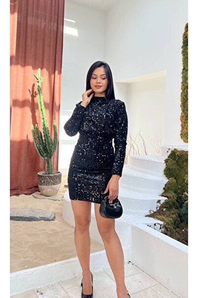 Nida Boutique Half-Thigh Length Shoulder Pad Piece Long Sleeve Velvet Pulpayet Dress