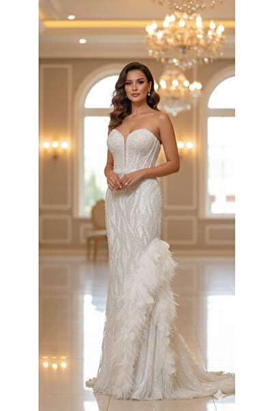 Zeyn KADIN ABİYE STRAPLEZ PAYET KUMAŞ OTRİŞ DETAYLI YIRTMAÇLI UZUN ELBİSE