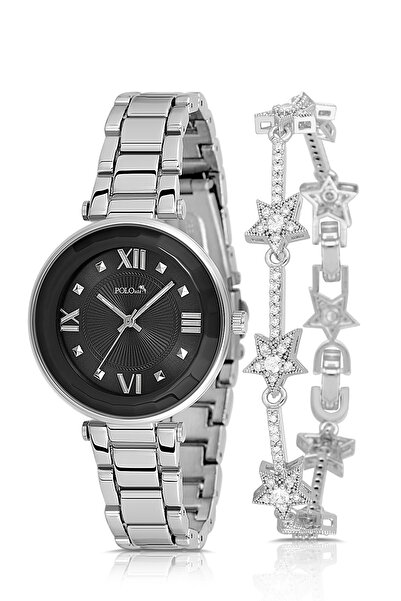 Polo Air ساعة يد نسائية مع سوار على شكل نجمة، لون فضي وأسود PL-1569B1