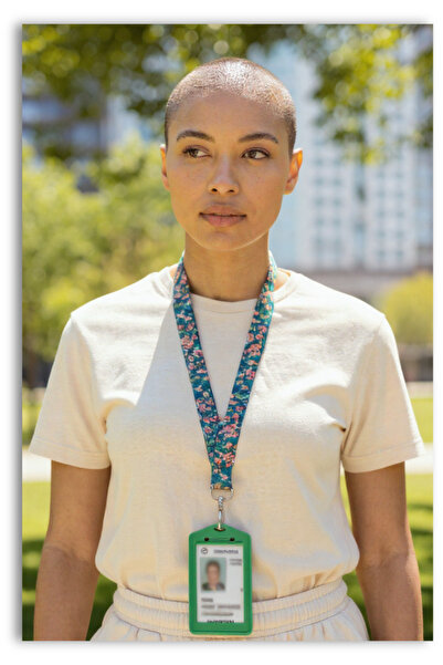 chic crazze Yeşil Temalı Şeftali Çiçeği Desenli Boyun Askı İpi Kimlik Kartı v...