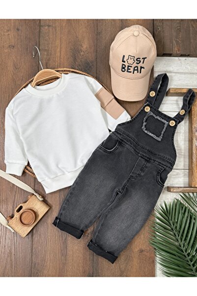 my petit panda 100% Cotton Sweatshirt with Hat Stretch Fabric Jeans Salopet 3-Piece Baby Boy Set