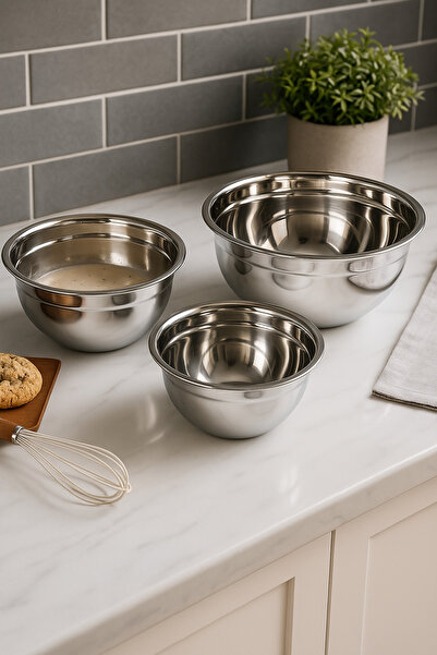 BEYZANA Çelik 3’Lü Karıştırma Kasesi Karıştırma Kabı Çok Amaçlı Çelik Kase Seti 18-22-26 cm