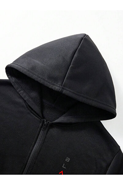 DEEPSENSE Men's Winter Zippered Top and Bottom Black Printed Set Sweatshirt Sweatpants Casual Daily School Sports