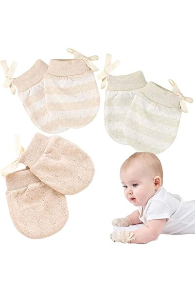 Generic Azoni Baby Anti-Scratch Mittens, 3 Pairs, Cotton, Size M (0-2 yrs) - Brown/Brown Stripe/Green
