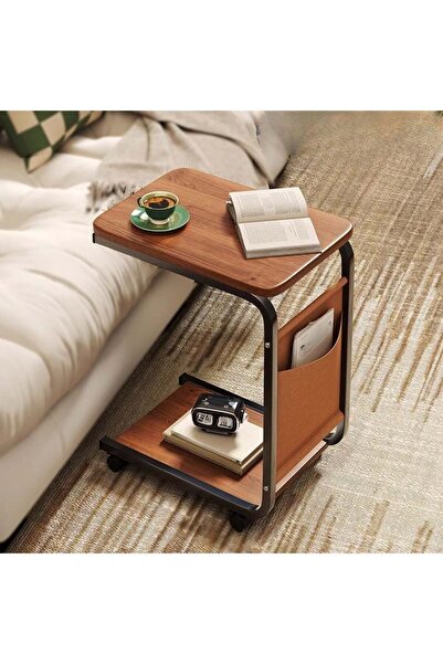 Next Trend Coffee or Laptop Table, Compact Design, Carbon Steel, 2 Wooden Shelves, 4 Wheels, Storage Pocket, 65