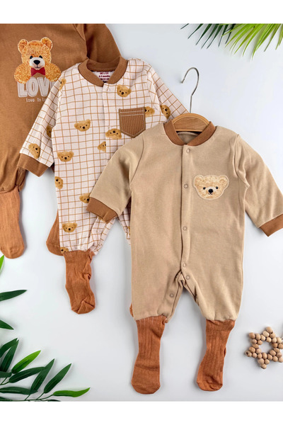 Minizade Teddy Bear Printed 100% Cotton 3-Piece Romper Set with United Socks Organic Unisex Romper Set
