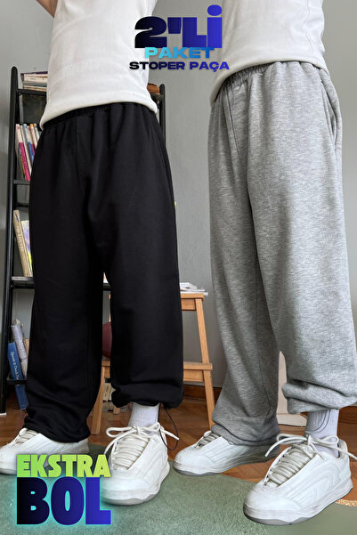 vladivosto 2'li Paket Büyük Beden Ekstra Bol Siyah Gri Paçası Ayarlanabilir B...