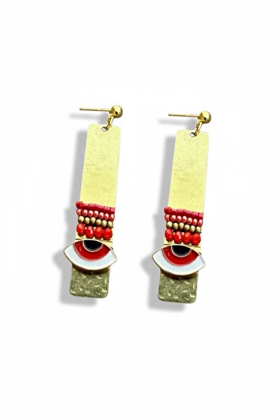 dela otantik Handmade Long Rectangular Dangle Evil Eye Earrings – Authentic Ethnic Bohemian Mediterranean Design Bijouterie Jewelry
