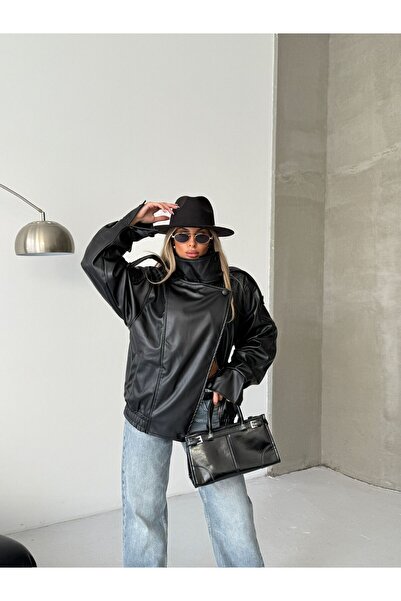 Lunea Womens سترة نسائية سوداء كبيرة الحجم من الجلد الصناعي