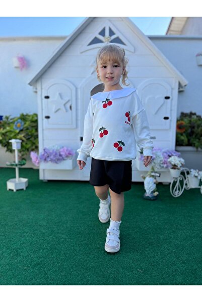 YİGİT BUTİK Σετ κοριτσίστικο με μοτίβο κερασιού, σορτς και μπλουζάκι