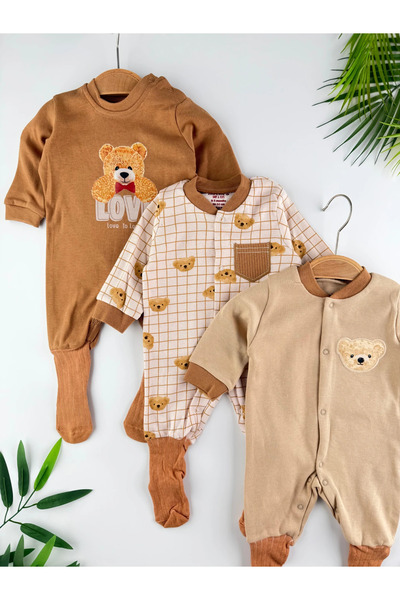 Minizade Teddy Bear Printed 100% Cotton 3-Piece Romper Set with United Socks Organic Unisex Romper Set