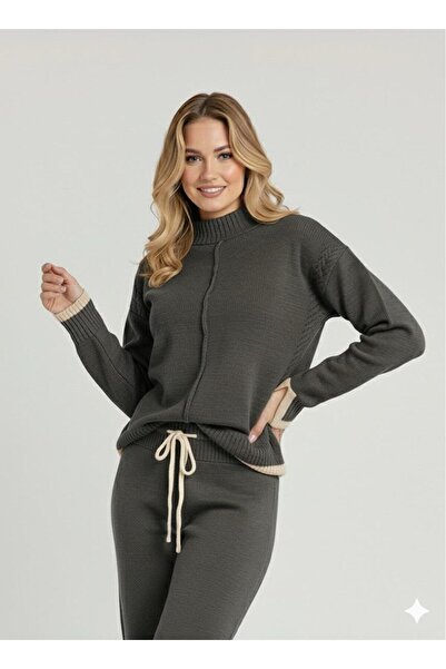 peri tower New Season Women's Knitted Textured Lace-Up Sweater-Pants Knitwear Bottom Top Set 0053