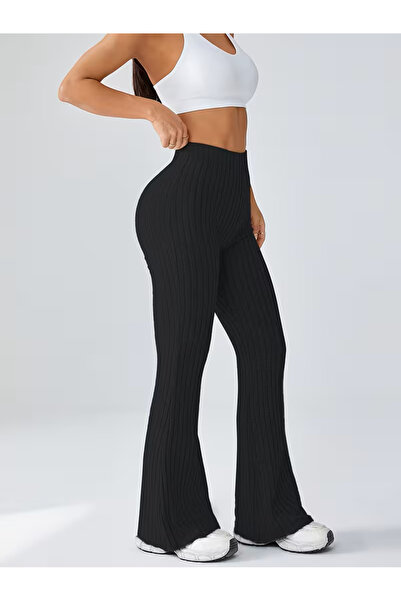 Marin Star Μαύρο κοτλέ Ψηλόμεσο καμπάνα Γυναικείο Παντελόνι, Ελαστικό Πλεκτό Ύφασμα καμπάνα Παντελόνι