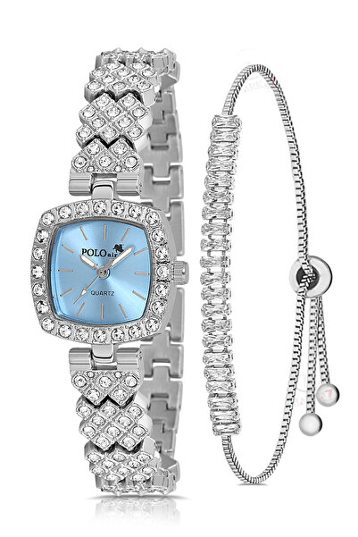 Polo Air Square Case Luxury Stone Women Wristwatch Zircon Stone Baguette Bracelet Combination Silver Blue Color Pl-1585B5