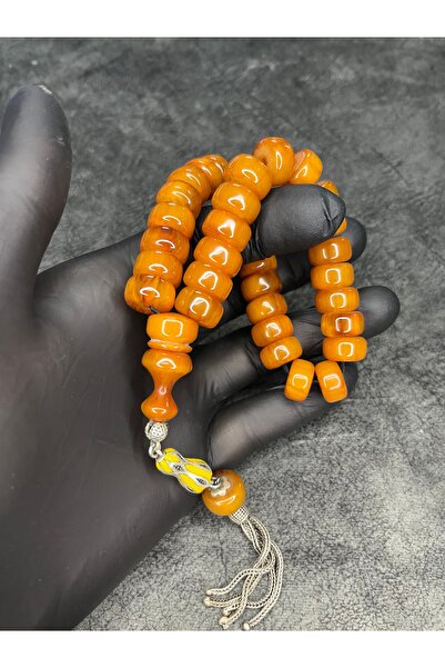 Mos Tespih 925 Sterling Silver Tassel-Adorned Old High-End Collectible Crimped Amber Prayer Beads with Sitting Imam