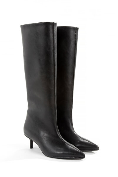 Ayakkabı Podyumum Siyah Cilt Çekme Sivri Çizme 5 cm İnce Ökçe Yeni Sezon