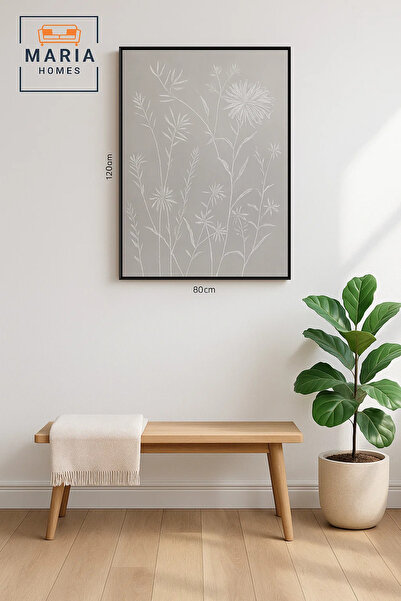 MARIA HOMES Modern 3D Wall Art – Grey Floral Decorative Panel with Raised Botanical Design 120×80 cm