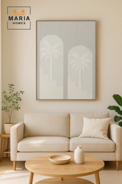 MARIA HOMES لوحة فنية جدارية حديثة ثلاثية الأبعاد - لوحة زخرفية لشجرة نخيل بيضاء بأقواس منقوشة 120×80 سم