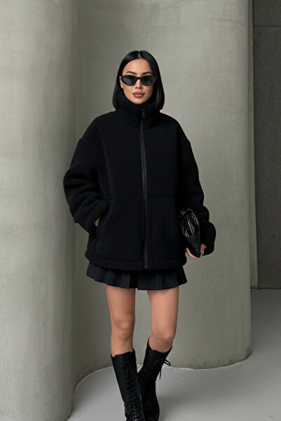 ALFUDO Moda Collection سترة نسائية من القطيفة مع ياقة مرتفعة متوسطة الطول جيوب