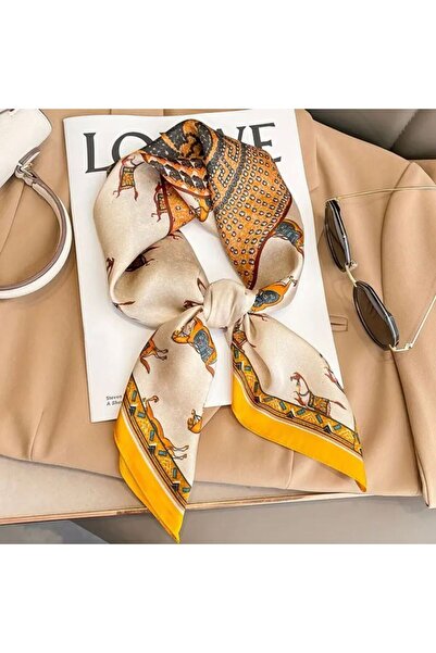 Accessories Hei Yellow Horse Figure Patterned Stylish Silk-Look Women's Accessory Scarf Foulard